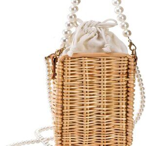 Pearl Basket Purse, Handwoven Rattan Beach Bag For Women, Wicker Handbag, Vintag